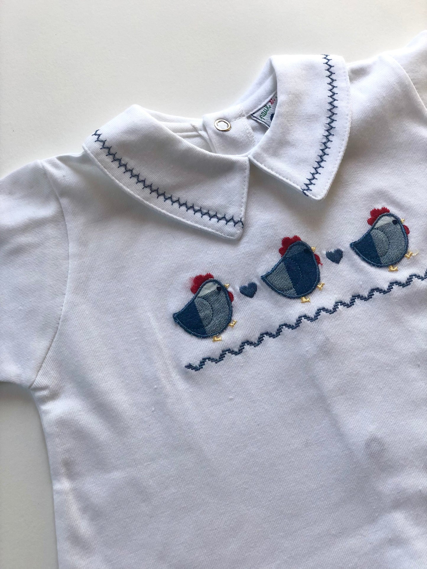 T-shirt blanc motifs poules vintage Phildar 6 mois