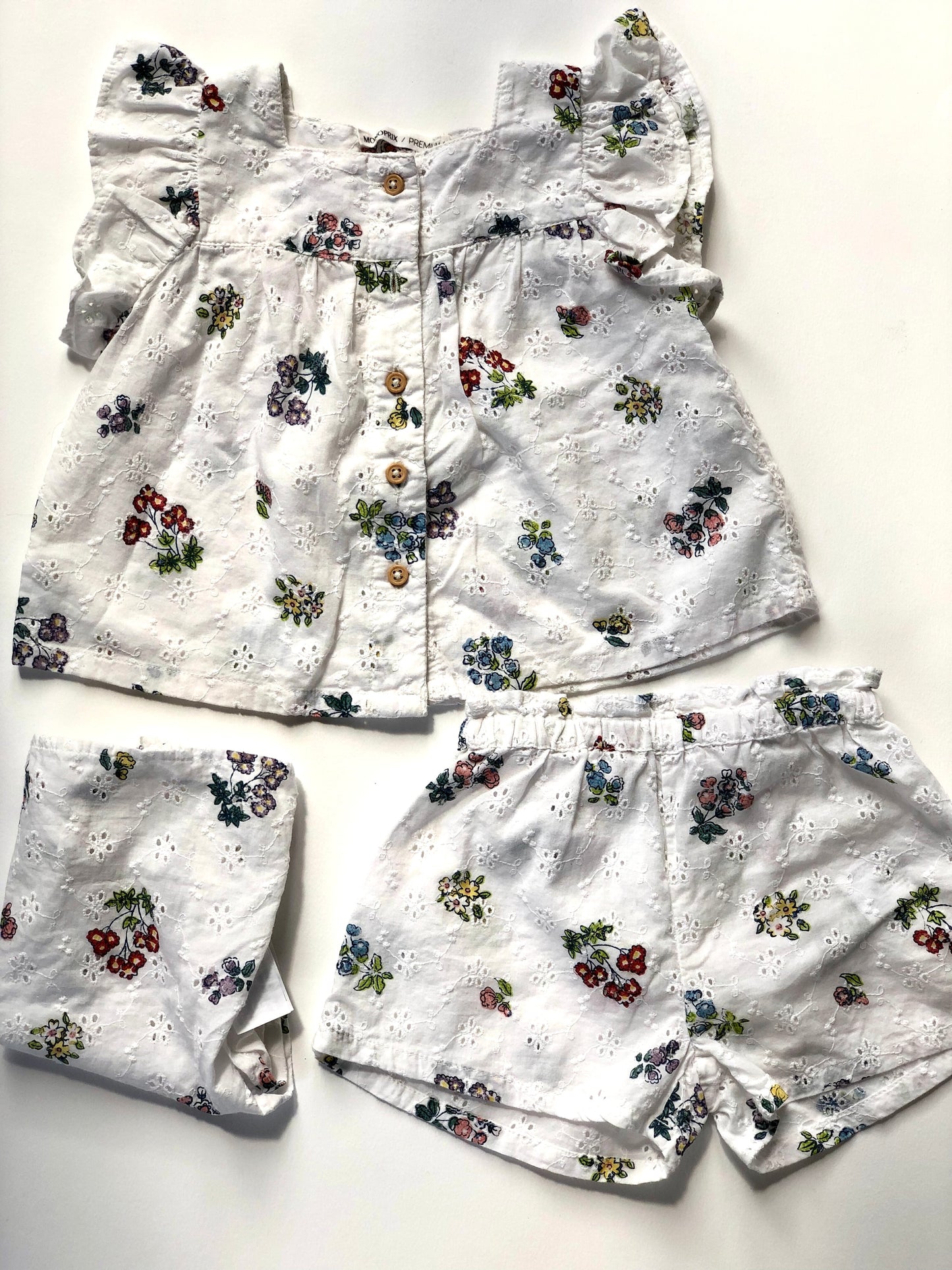 Ensemble blouse + short + bandana à fleurs Monoprix 6 mois