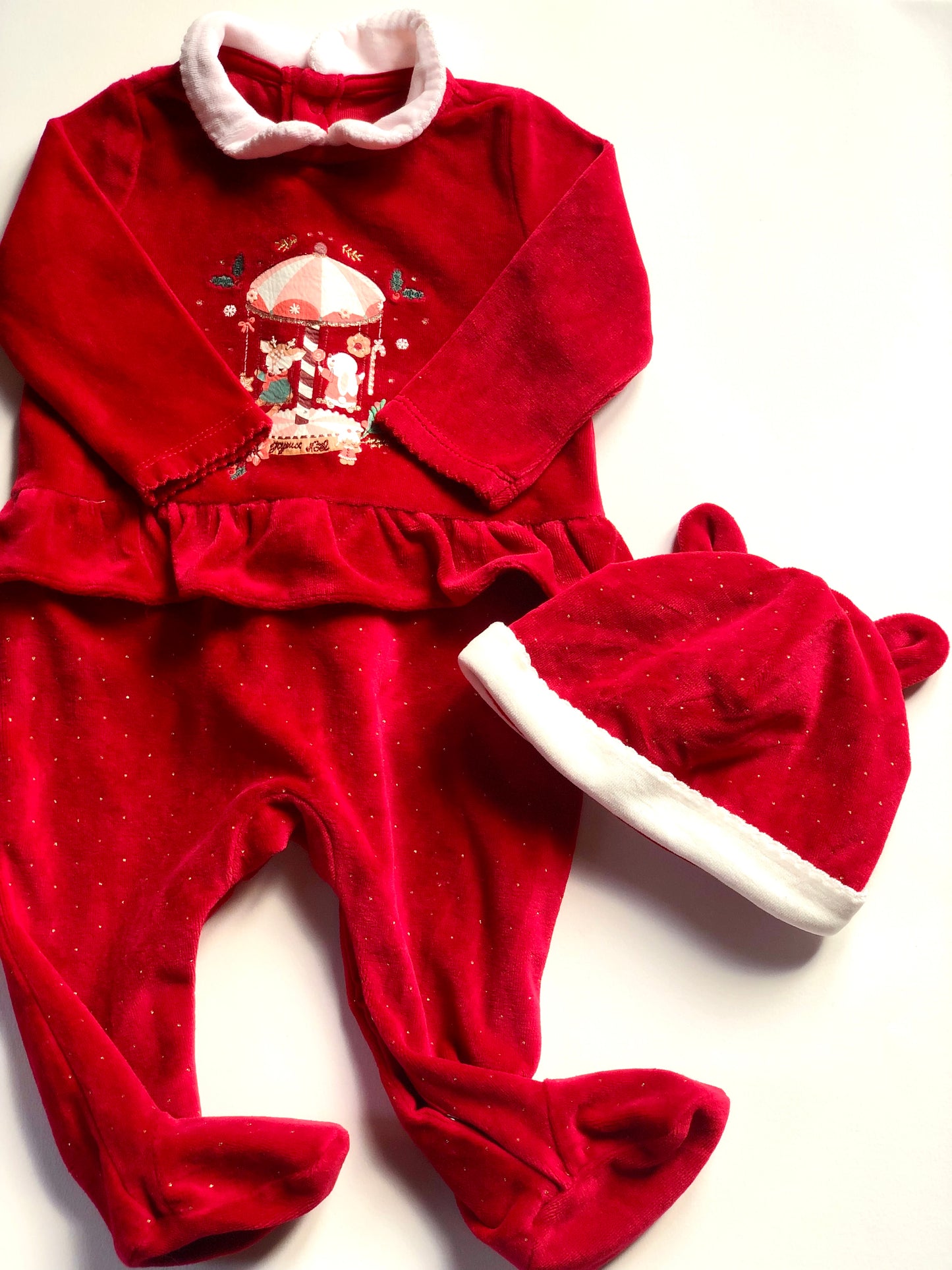 Pyjama de noël en velours rouge avec bonnet Sergent Major 9 mois