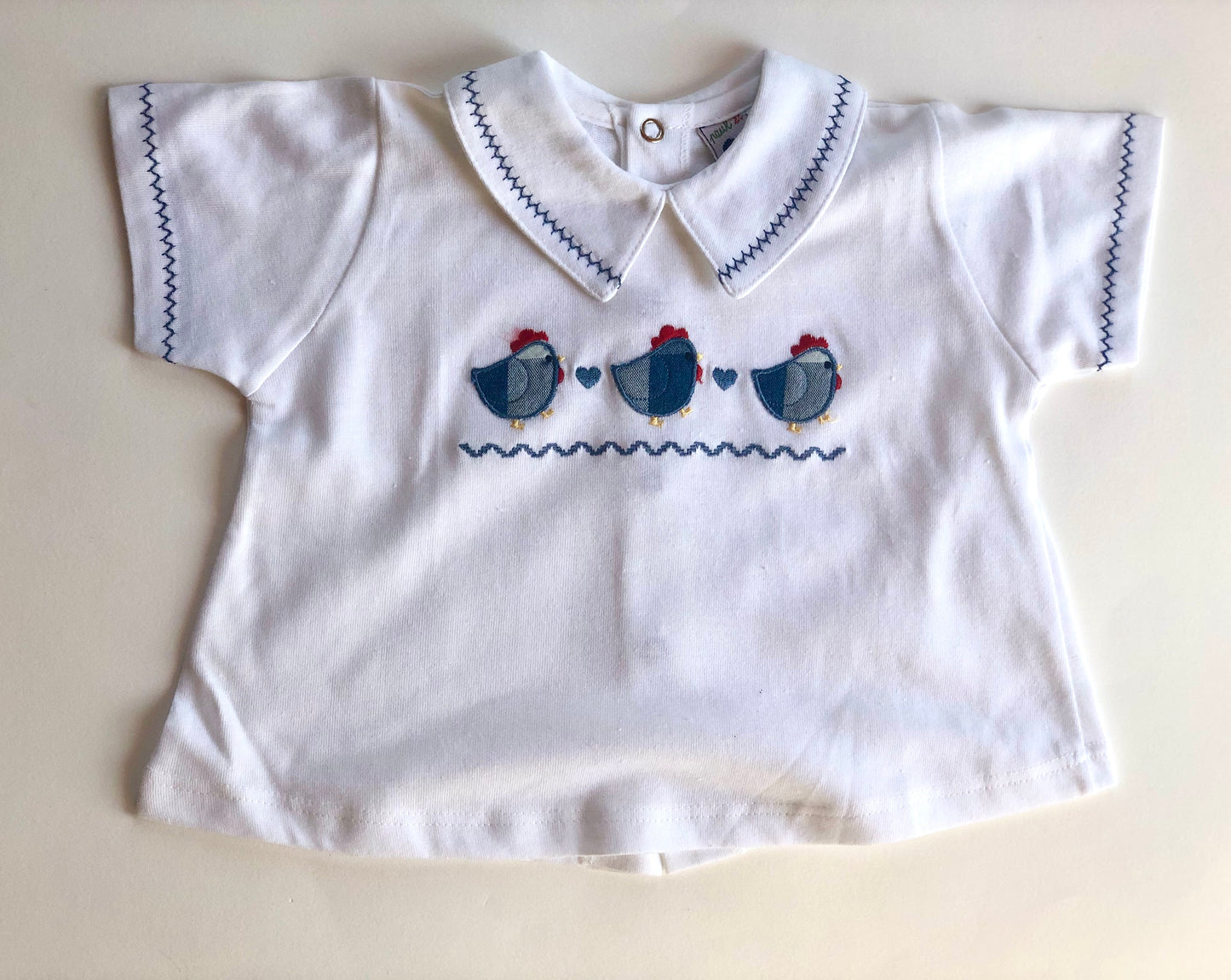 T-shirt blanc motifs poules vintage Phildar 6 mois