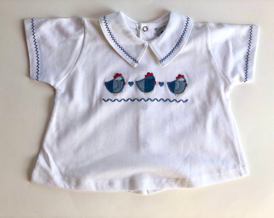 T-shirt blanc motifs poules vintage Phildar 6 mois