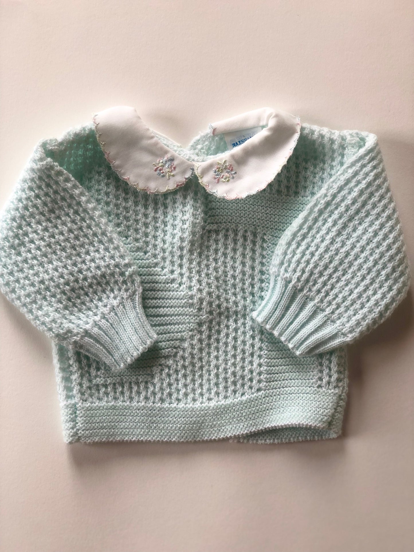 Pull en mailles vert d’eau vintage Naissance